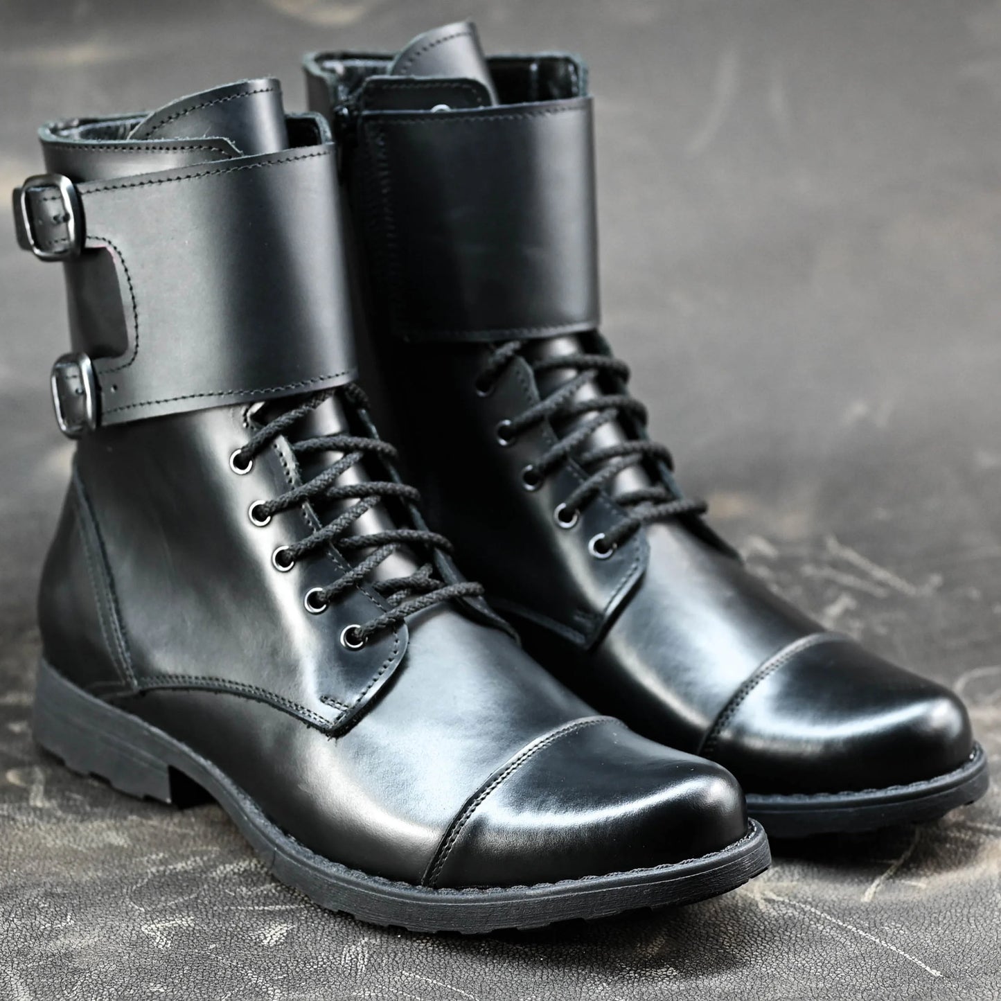 Skórzane męskie wysokie czarne buty z klamrami i zamkiem - Vanguard | Jordan Handmade Shoes